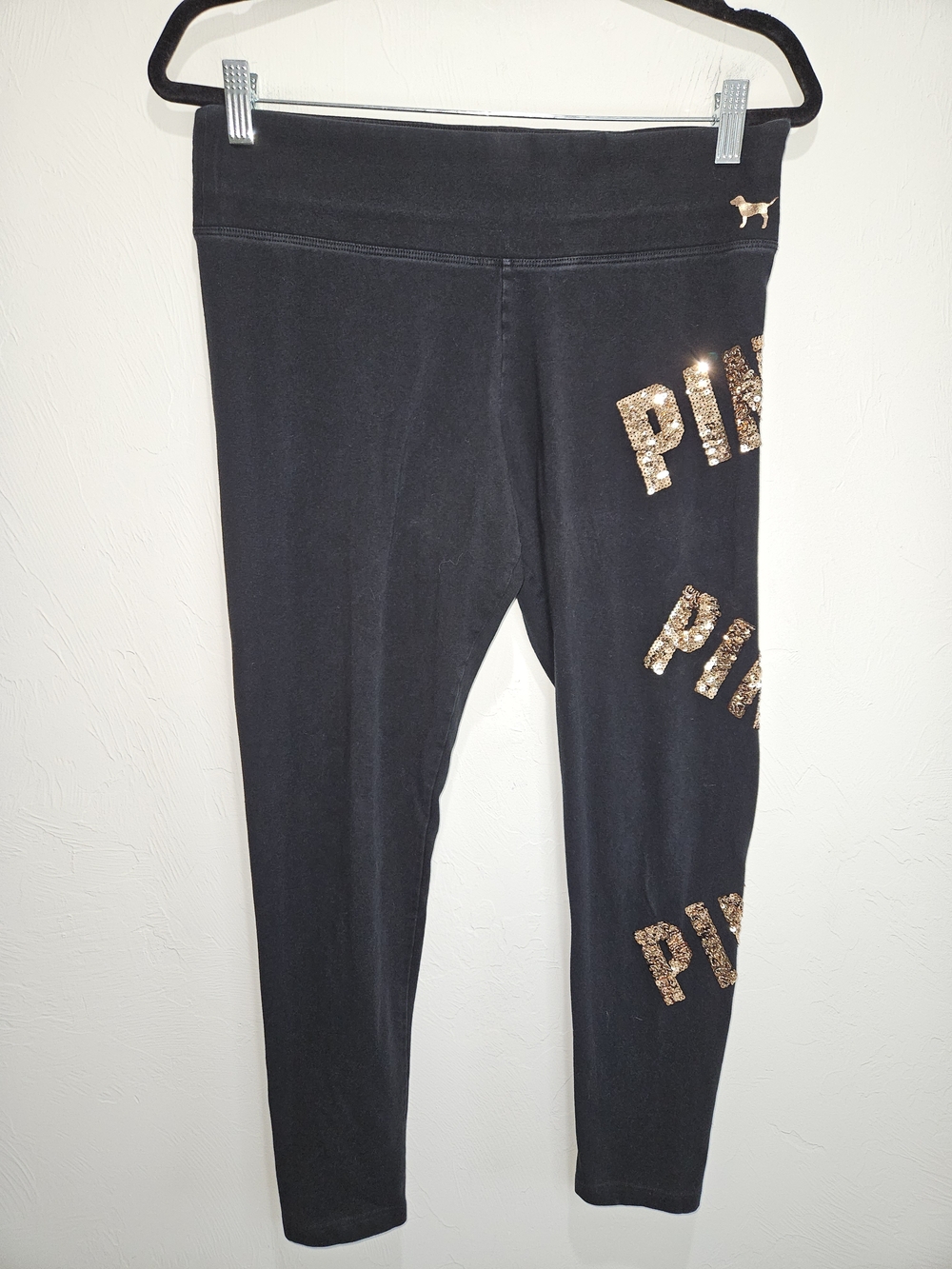 Victoria's Secret PINK Black Sequin Logo Rose Gold Leggings Women's Large - Picture 6 of 13
